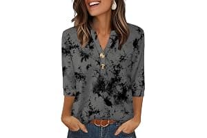Aokosor Womens 3/4 Sleeve Tops Ladies Blouse V Neck Tunic Long Sleeve T Shirts Curved Hem Office Wear