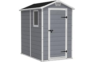 Keter Manor 4X6 - Caseta de jardín, 130x192x198cm y 2,2m2, Suelo, Sistema de ventilación, Puerta y Ventana, Resistente al Agua, Color Gris