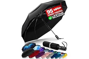 TUMELLA Strongest Windproof Travel Umbrella (Compact, Superior & Beautiful), Small Strong but Light Portable and Automatic Folding Rain Umbrella, Durable Premium Grip, Fits Car & Backpack Black