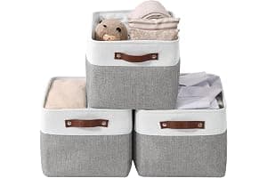 DECOMOMO Storage Baskets | Storage Boxes Fabric Organiser Storage for Wardrobe, Toys, Shelves, Office, Home & Nursery (Large Grey and White 15 x 11 x 9.5 – Set of 3)