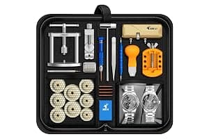 JOREST Kit Reparacion Reloj con Prensa Tapa Reloj, Herramientas Abrir Caja Relojero, Cambiar Pilas Relojes, Abridor Llaves Reloj, Destornillador, Ajustar/Acortar Correas Relojes, Quitar Eslabones