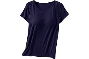 Womens Shirts with Built in Bra Short Sleeve Shirts Summer Casual Athletic Workout Yoga Shelf Bra Padded T Shirts Tops