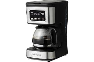 Nehilumn 5-Cup Programmable Coffee Maker - Reusable Filter, Clear Water Level Indicator, Auto Shut- Off, Black &Stainless Steel Coffee Pot