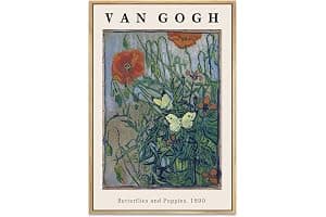 Vincent Van Gogh Framed Wall Art Print Butterflies And Poppies Flowers by Van Gogh Canvas Prints Painting Reproduction for Living Room Bedroom Kitchen Office Home Decor 12"x16" Natural Framed
