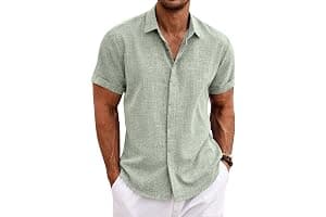 COOFANDY Men's Linen Shirts Short Sleeve Casual Shirts Button Down Shirt for Men Beach Summer Wedding Shirt