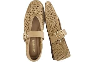 CUSHIONAIRE Gabby Woven Mary Jane Ballet Flats for Women, Comfortable Dressy Flat Shoes with Adjustable Gold-Tone Buckle and Memory Foam Cushioning