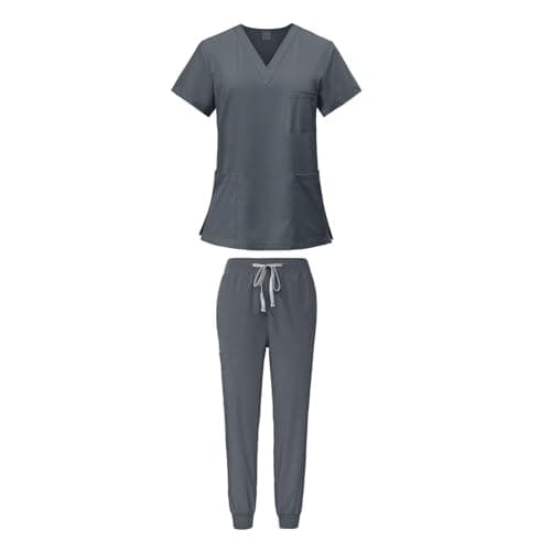 YIJU Female Scrub Set Nurse Workwear V Neckline Professional Machine Washable Top and Joggers Pant Work Clothing for Beauty Center, Gray, M — view 5