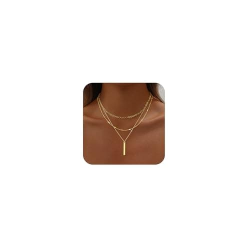 Remmocy Gold Necklace for Women Stackable 14K Gold Plated Layered Long Necklace Paperclip Flat Chain Bar Drop Cute Charm Accessories Non Tarnish Jewelry Set Gifts for Women