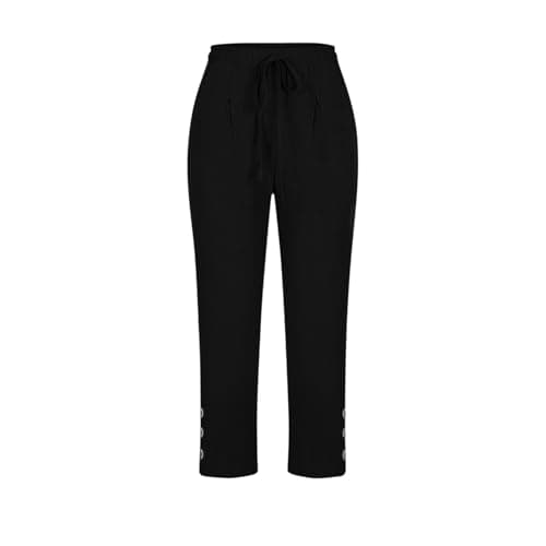 Summer Cotton Linen Capri Pants for Women High Waist Drawstring Straight Leg Capris Casual Beach Cropped Lounge Pant Black — view 4