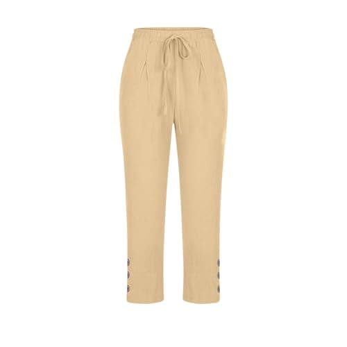 Summer Cotton Linen Capri Pants for Women High Waist Drawstring Straight Leg Capris Casual Beach Cropped Lounge Pant Khaki — view 4