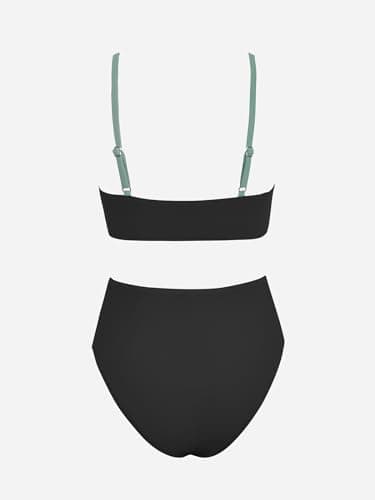 CUPSHE Women's Bikini Sets Two Piece Swimsuit High Waisted V Neck Twist Front Adjustable Spaghetti Straps Bathing Suit, Black/Green, Large — view 5
