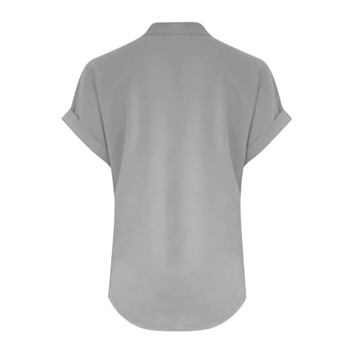 Linen Shirts for Women V Neck Button Up Shirt Short Sleeve Loose Fit Lightweight Blouses Casual Summer Beach T-Shirt Gray — view 5