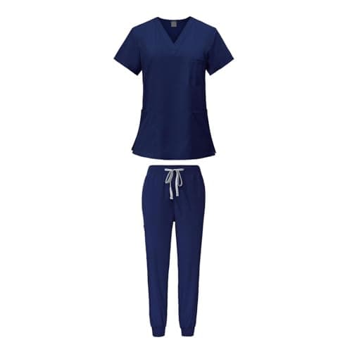 YIJU Female Scrub Set Nurse Workwear V Neckline Professional Machine Washable Top and Joggers Pant Work Clothing for Beauty Center, Navy Blue, S — view 5