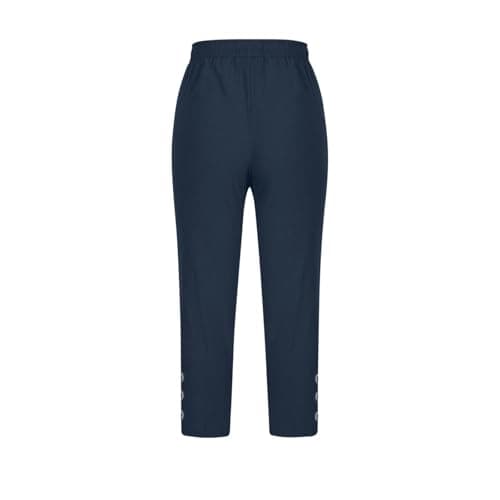 Summer Cotton Linen Capri Pants for Women High Waist Drawstring Straight Leg Capris Casual Beach Cropped Lounge Pant Navy — view 5