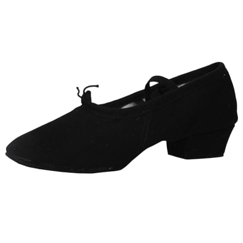 Women Latin Dance Shoes Canvas Ballroom Character Teacher Shoe Chunky Low Heel Comfy Dancing Loafers（Black，9)
