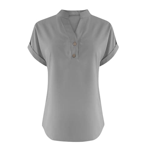 Linen Shirts for Women V Neck Button Up Shirt Short Sleeve Loose Fit Lightweight Blouses Casual Summer Beach T-Shirt Gray — view 4