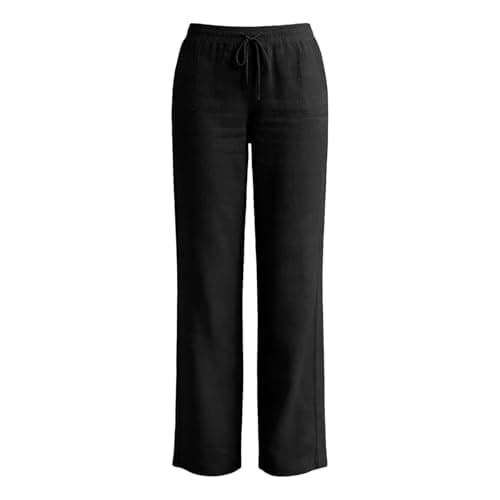 Linen Pants for Women Summer Straight Leg Loose Casual Pants Lightweight Comfy Drawstring Trousers with Pockets Black — view 4