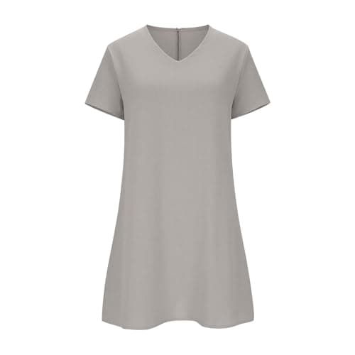 Cotton Linen Dress for Womens Summer V Neck Short Sleeve Sundress Casual Vacation T Shirt Dress Loose Fit Midi Dresses Gray — view 2