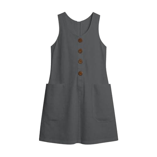 Women Summer Casual Dress Sleeveless Midi Tank Sundress with Pockets V Neck Buttons A Line Cotton Tshirt Dresses Gray-XXL — view 5
