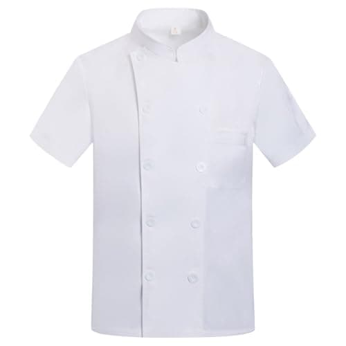 Dry Fit Shirts for Men, Unisex Chef Work Shirts Jacket Hotel Uniform Comfortable Button Closure Kitchen Restaurant Short Sleeve Breathable Coat Fishing Shirt (S, White)