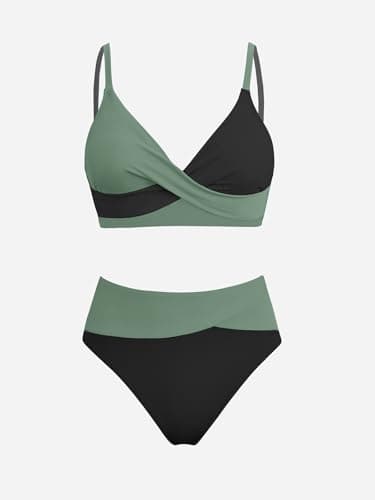 CUPSHE Women's Bikini Sets Two Piece Swimsuit High Waisted V Neck Twist Front Adjustable Spaghetti Straps Bathing Suit, Black/Green, Large — view 4