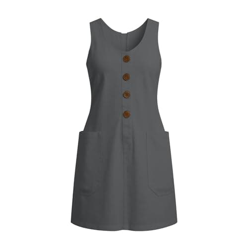 Women Summer Casual Dress Sleeveless Midi Tank Sundress with Pockets V Neck Buttons A Line Cotton Tshirt Dresses Gray-XXL — view 4