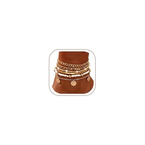 FAXHION Gold Ankle Bracelets for Women Waterproof, layered Coin Bead Cuban Link Chain Adjustable Anklets Set, Summer Boho Anklet Beach Jewelry Gift for Women