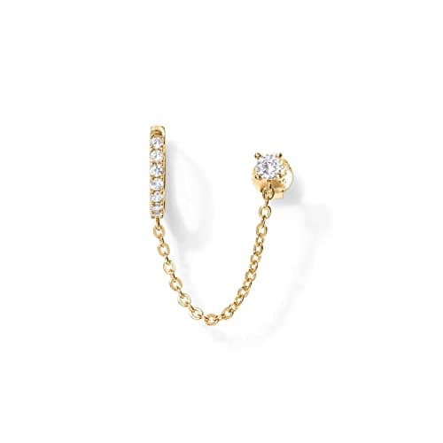 PAVOI 14K Gold Chain Earrings for Women | Double Piercing Dangle Chain Huggie Hoop Earrings | Cubic Zirconia Pearl Stud Ear Cuff Earrings for Women — view 2