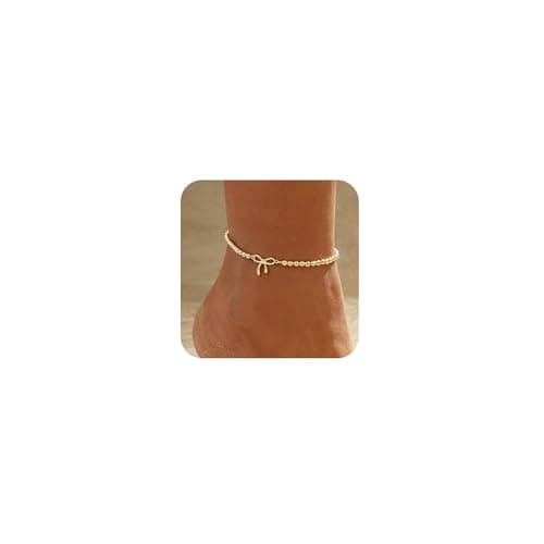 Bykuvo Gold Ankle Bracelets for women,14k Gold Plated Waterproof Layered lightweight Bow Beaded Chain Ankle Bracelets Set Gold Anklets for women Trendy Summer Beach Jewelry Gift for Women