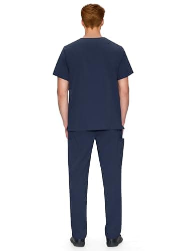 Scrubs for Men Set - V-Neck Scrub Top and Straight Leg Pants with 11 Pockets, Elastic Drawstring Men Scrubs set, Navy Blue, M