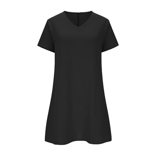 Linen Midi Dresses for Women Short Sleeve V Neck Dress Casual Summer Comfortable Vacation Loose Fit Dresses Black — view 4