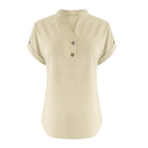 Linen Shirts for Women V Neck Button Up Shirt Short Sleeve Loose Fit Lightweight Blouses Casual Summer Beach T-Shirt Yellow — view 3