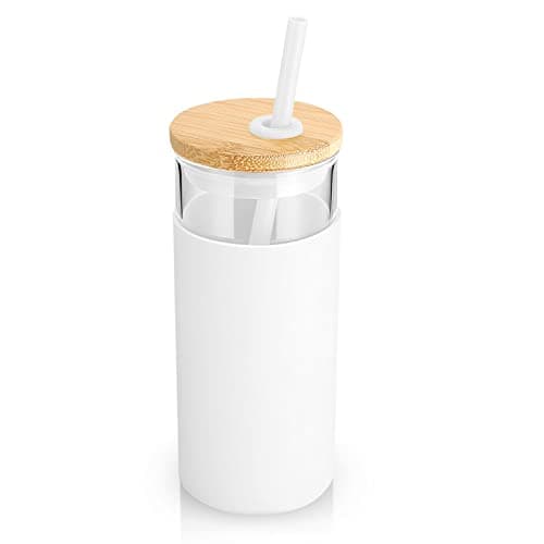 Tronco 20 oz Glass Tumbler with Lid and Straw, Iced Coffee Cup and Smoothie Cup with Bamboo Lids & Protective Silicone Sleeve, Dishwasher Safe, BPA-Free, Glass Cup 2 Pack — view 3