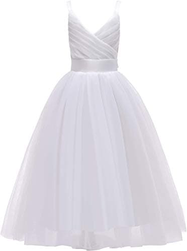 Glamulice Lace Flower Girl Dress White First Communion Kids Birthday Ball Gown Junior Bridesmaid Tulle Maxi V Neck Spaghetti Straps Long A Line Pageant Wedding Party Dresses 11-12 School Program Gown