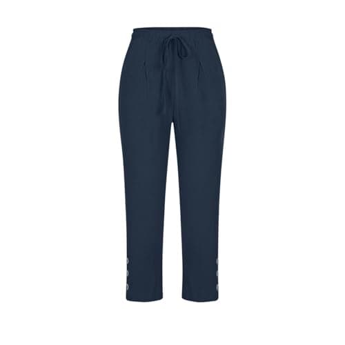 Summer Cotton Linen Capri Pants for Women High Waist Drawstring Straight Leg Capris Casual Beach Cropped Lounge Pant Navy — view 3