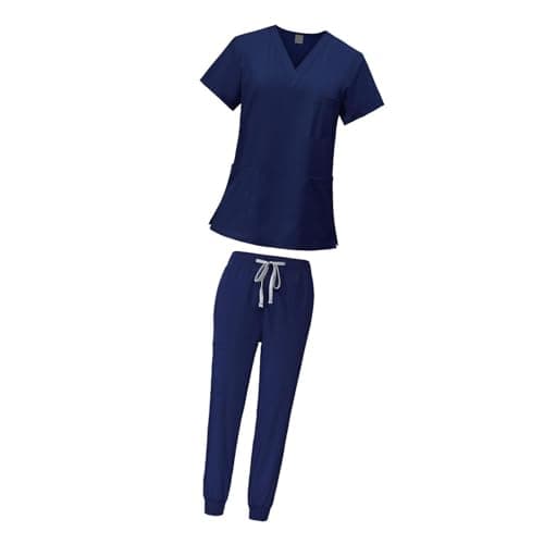 YIJU Female Scrub Set Nurse Workwear V Neckline Professional Machine Washable Top and Joggers Pant Work Clothing for Beauty Center, Navy Blue, S — view 6