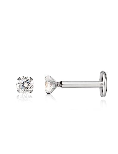 limerencia 18g Titanium Internally Threaded Tragus Piercing Jewelry CZ Top Flat Back Piercing Nose Studs Earring, Helix, Cartilage, Labret, Monroe for Women or Men,2mm White Cz Silver