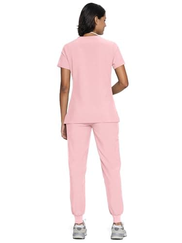 floralhue Scrubs for Women, Women's Medical Scrub Sets, V-Neck Scrubs Top & Cargo Pants with 12 Pockets, Pink Rose, M — view 2