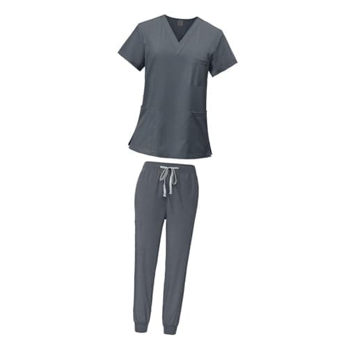 YIJU Female Scrub Set Nurse Workwear V Neckline Professional Machine Washable Top and Joggers Pant Work Clothing for Beauty Center, Gray, M — view 6