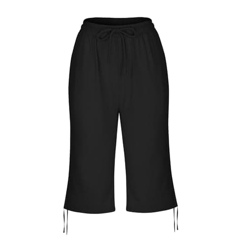 Bermuda Shorts for Women Knee Length 2026 Gaucho Pants Plus Size Linen Shorts Dressy Casual Summer Beach Capris Gauze Pedal Pushers with Pockets Linen Clothes for Seniors Bermudas para Mujer Black — view 3