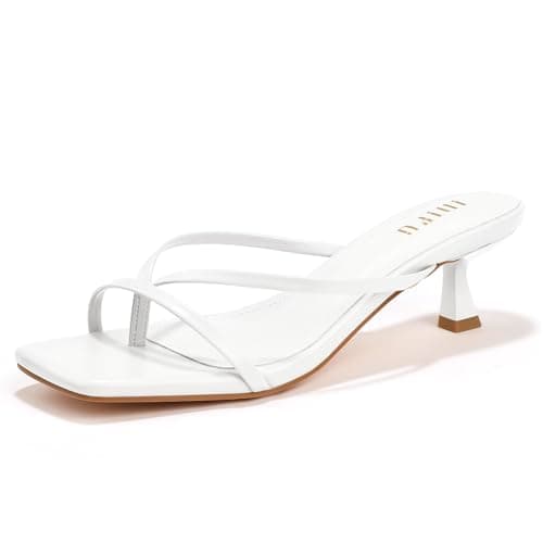 IDIFU White Kitten Heels for Women Flip Flop Strappy Square Open Toe Low Heeled Sandals Wedding Bride Prom Graduation Party Slide Dress Shoes Cute Trendy Casual Thong Slip On Heels(White Pu, 7.5)