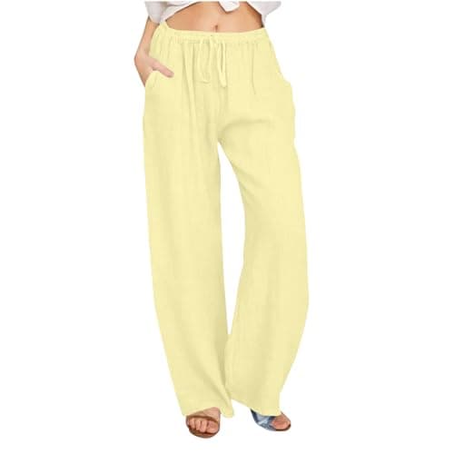 Women's Flowy Pants Summer Cotton Linen Comfy Palazzo Pants with Pockets Loose Fit High Waisted Trousers Beach Slacks