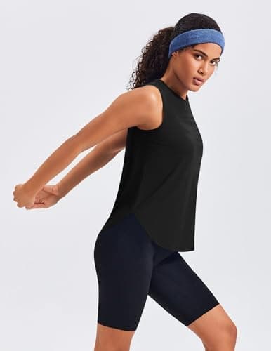 PINSPARK Women's Workout Tank Tops Back Pleat Loose Fit Sleeveless Yoga Athletic Shirts Soft UPF 50+ Cooling Running Gym Tops, Black, Medium