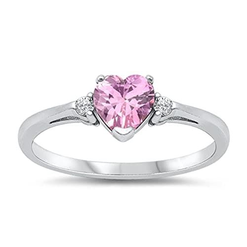 Sterling Silver Pink CZ Heart Ring Love Rhodium Finish Band Solid 925 Size 7