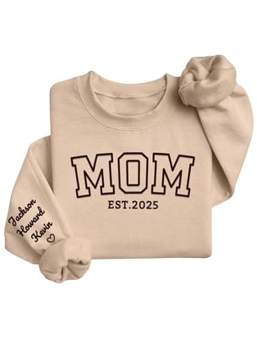 YUNART Personalized Mothers Day Christmas Birthday Gift for Mom, Custom Embroidered Sweatshirt and Hoodie with Names on Sleeve, Customized Mom EST Shirt