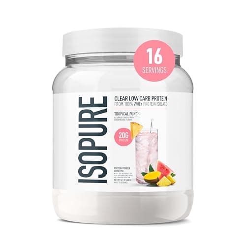 Isopure Clear Whey Isolate Protein Powder, Lactose Free, Gluten Free, Naturally Flavored, Tropical Punch, 20g Protein Per Serving, 14.1 Oz, 16 Servings (Packaging May Vary)