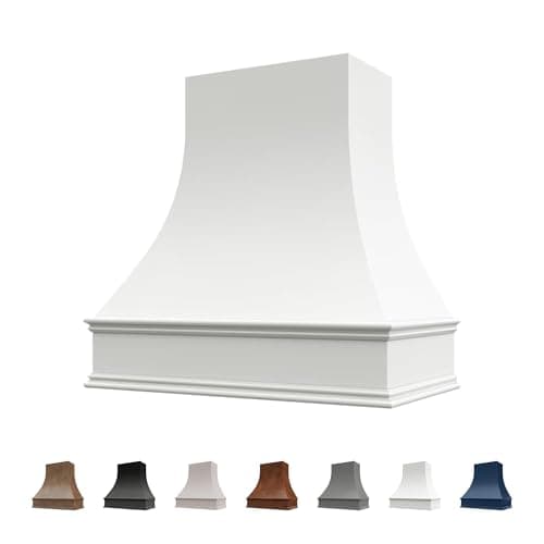 Riley & Higgs Primed Wood Kitchen Range Hood Cover, Curved Front Wall Mount Vent Hood, Classic Trim, Plywood with Maple, 37.5” W x 30” H