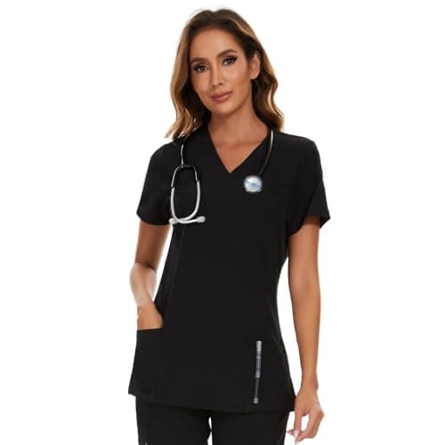 COZYFIT Scrub Tops for Woman - Soft Stretch, V-Neck Top Scrubs with 3 Pockets, Easy Care for Women Black