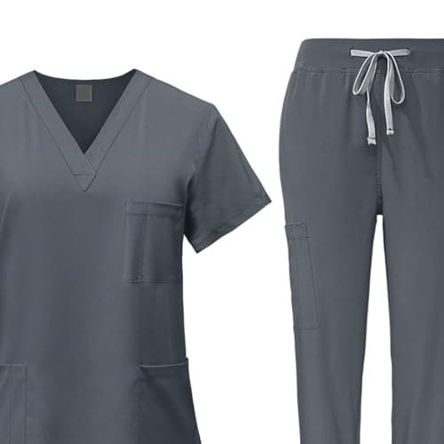YIJU Female Scrub Set Nurse Workwear V Neckline Professional Machine Washable Top and Joggers Pant Work Clothing for Beauty Center, Gray, M