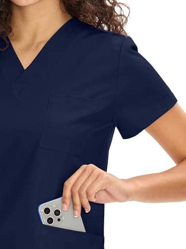 Scrubs for Women Set Medical Uniform - V-Neck Top & Straight Leg Pants with 9 Pockets, Wrinkle-Resistant Unisex Workwear, Navy Blue, M — view 3